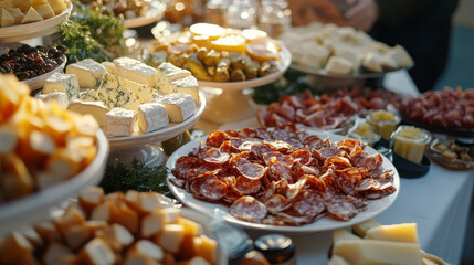 Fototapeta premium A top-down feast of French or Italian-style antipasti, cheeses, and finger foods on a buffet appetizer table