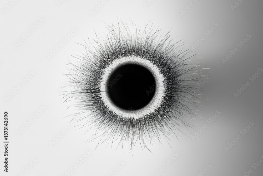 Fototapete An abstract monochrome image of a circular void surrounded by radiating fine lines, creating a surreal, eye-like effect.