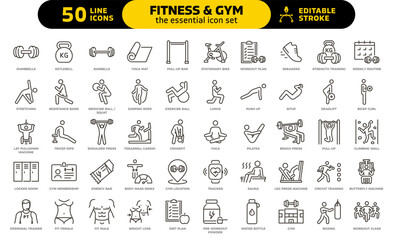Fitness and gym icon set. Thin line editable stroke icons for workout routines, strength training, cardio, exercises, gym equipment, healthy lifestyle