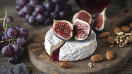 Artistic composition of seasonal wine snacks like Camembert, figs, grapes, nuts, and red wine on a rustic cutting board