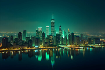 Obraz premium Nighttime Metropolis, A Stunning High-Resolution View of a City Skyline Reflecting on Calm Waters, Illuminated by Glowing City Lights and Towering Skyscrapers