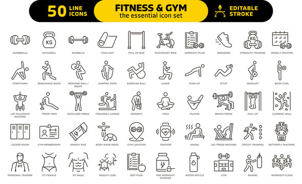Fitness and gym icon set. Thin line editable stroke icons for workout routines, strength training, cardio, exercises, gym equipment, healthy lifestyle