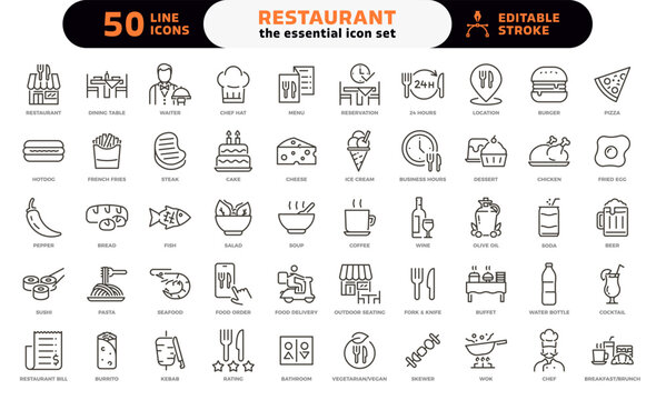 Restaurant and food service icon set. Thin line editable stroke icons for menus, meals, dining, drinks, cafes, bars, delivery, culinary branding, types of food and restaurants