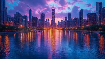 Fototapeta premium Peaceful chicago night scene with bright tower lights high resolution picture