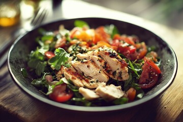 Freshly grilled chicken on a bed of mixed greens, tomatoes, and balsamic dressing.