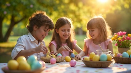 Family Painting Vibrant Easter Eggs Outdoors