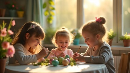 Family Easter Celebration with Colorful Flowers and Eggs