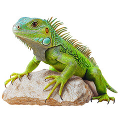 A Vibrant Green Iguana Basking on a Rock Isolated on Transparent Background