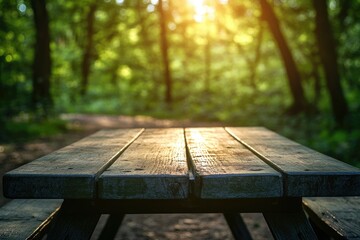 Fototapeta premium A wooden picnic table sits invitingly in a sun-dappled forest, beckoning visitors to enjoy a tranquil meal surrounded by nature's beauty.