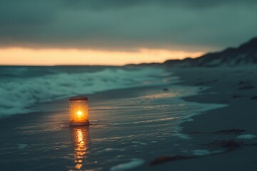 A single glowing lantern sitting in the wet sand, with a cloudy sky as dusk approaches.