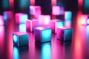 Futuristic minimalistic background featuring floating colorful 3D cubes with soft reflections and neon gradients in vibrant hues
