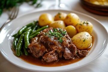 A hearty meal of tender beef stewed in a savory sauce, served with cooked green beans and fluffy mashed potatoes on a white plate.