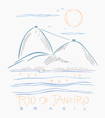 Illustration in simple and uncluttered lines of a landscape of the city of Rio de Janeiro, Brazil.