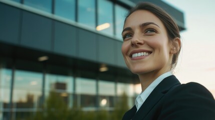 Fototapeta premium Smiling businesswoman in suit, looking over her shoulder with confidence.