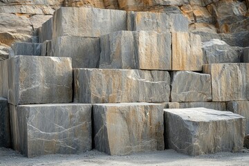 A quarry shows large, roughly cut gray stone blocks stacked in front of a rock face.