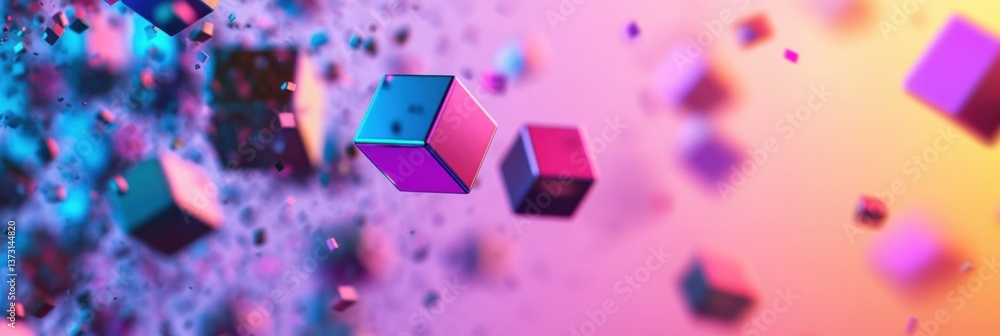 Aufkleber Futuristic minimalistic style featuring colorful 3D cubes floating in vibrant neon gradients with soft reflections in a digital space