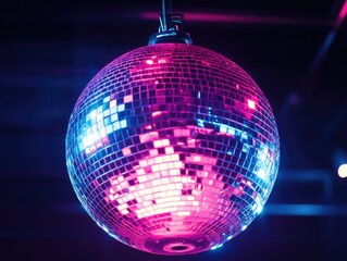 Fototapeta premium Shiny disco ball reflecting pink and purple lights, hanging from ceiling at night club or party venue.