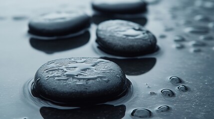 Close-up of smooth black river stones reflecting soft light on a wet surface showcasing minimalist nature texture and deep contrast