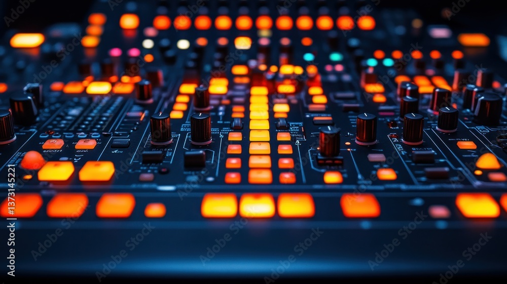 Poster professional audio mixing console. close-up view of control panel with illuminated faders and knobs