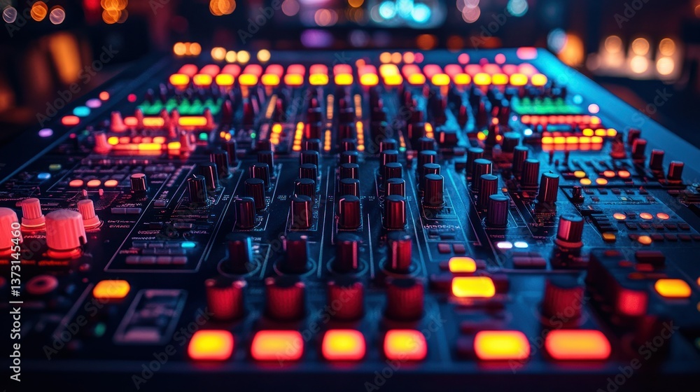 Poster professional audio mixing console at a concert. close-up view of the colorful controls and knobs