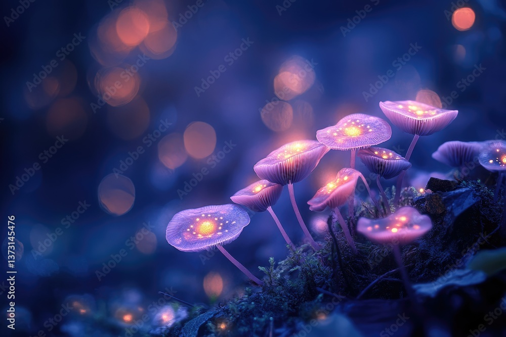 Poster magical, glowing mushrooms illuminate a dark, enchanting forest scene with dreamy bokeh and captivat