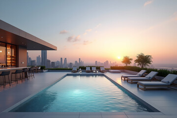 Fototapeta premium Rooftop Serenity, Luxurious Poolside Retreat with Stunning Cityscape and Bar Offering Ultimate Relaxation and Sophistication in a Modern Architectural Design