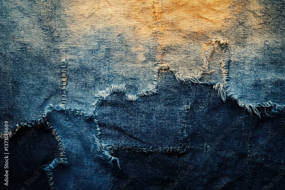 Poster close-up of patchwork denim fabric with frayed edges and tonal color gradient, creating a textured b