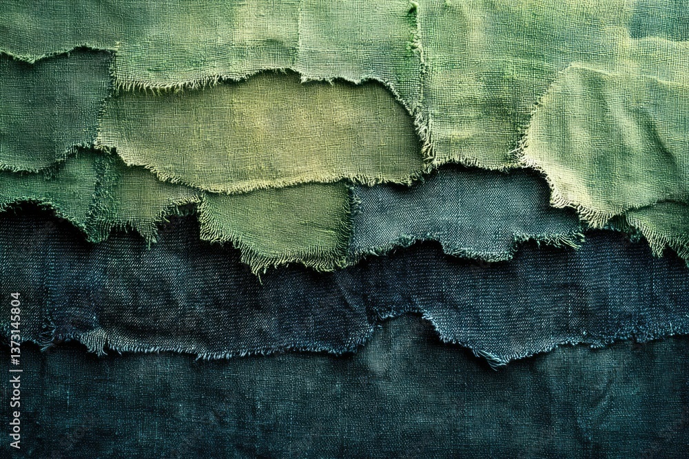 Aufkleber a textured collage of layered, frayed fabric scraps in varying shades of green and blue, creating a 