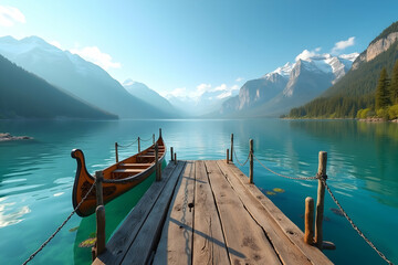 Obraz premium Scenic Mountain Lake, A Tranquil Lakeside View with Wooden Dock and Classic Rowboat, Majestic Peaks Reflected in Calm Waters under a Clear Sky, Creating a Peaceful Escape
