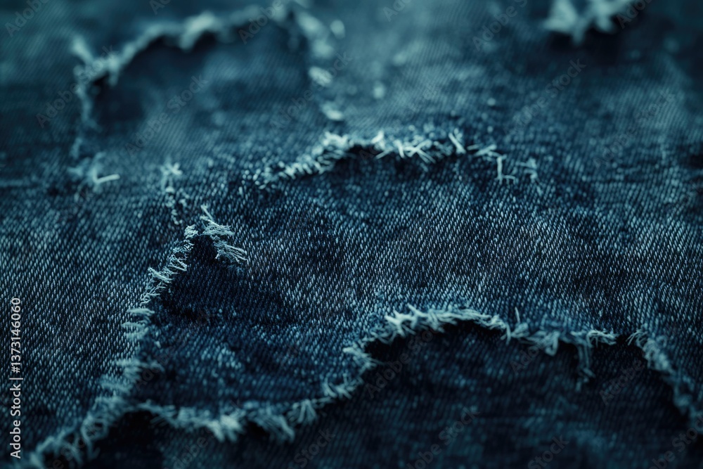 Aufkleber close-up of distressed blue denim fabric with frayed edges and visible threads creates a textured, r