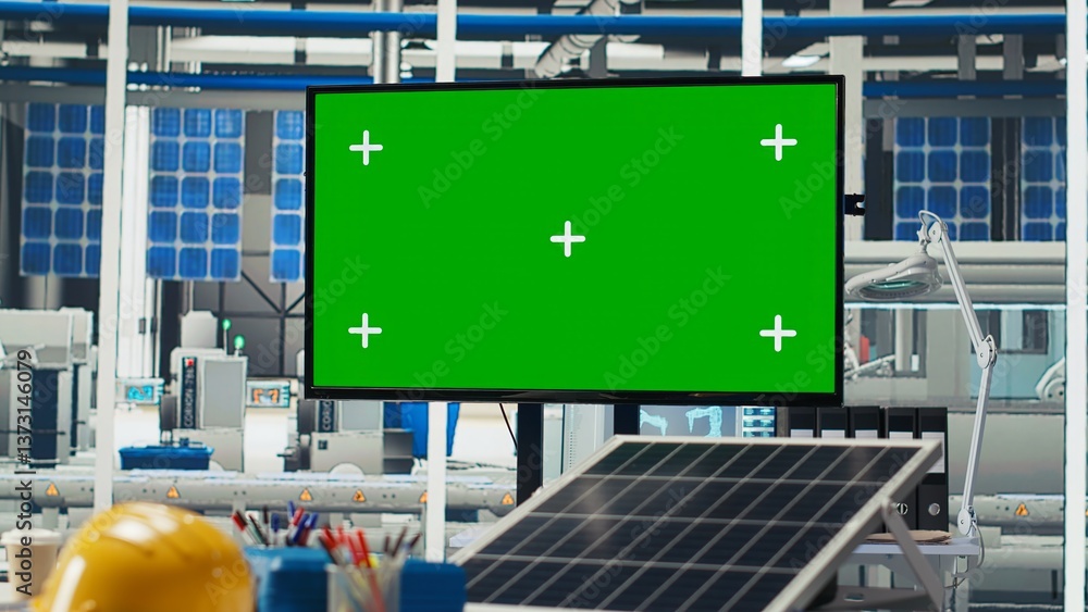 Poster isolated screen display overseeing solar panels plant, troubleshooting technical issues. mockup moni