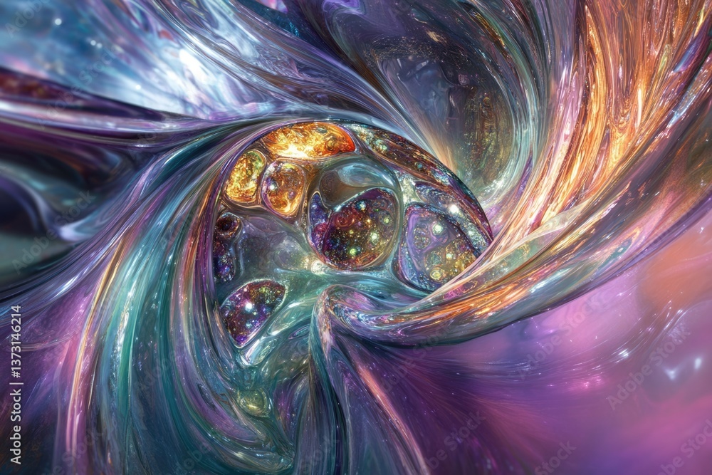 Aufkleber Swirling vortex of iridescent colors and cosmic elements, creating a mesmerizing, otherworldly abstract design with vibrant hues.