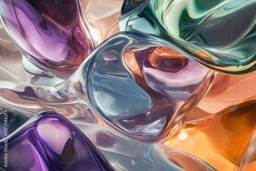 Poster abstract image featuring swirling, iridescent, and translucent shapes in a variety of vibrant colors