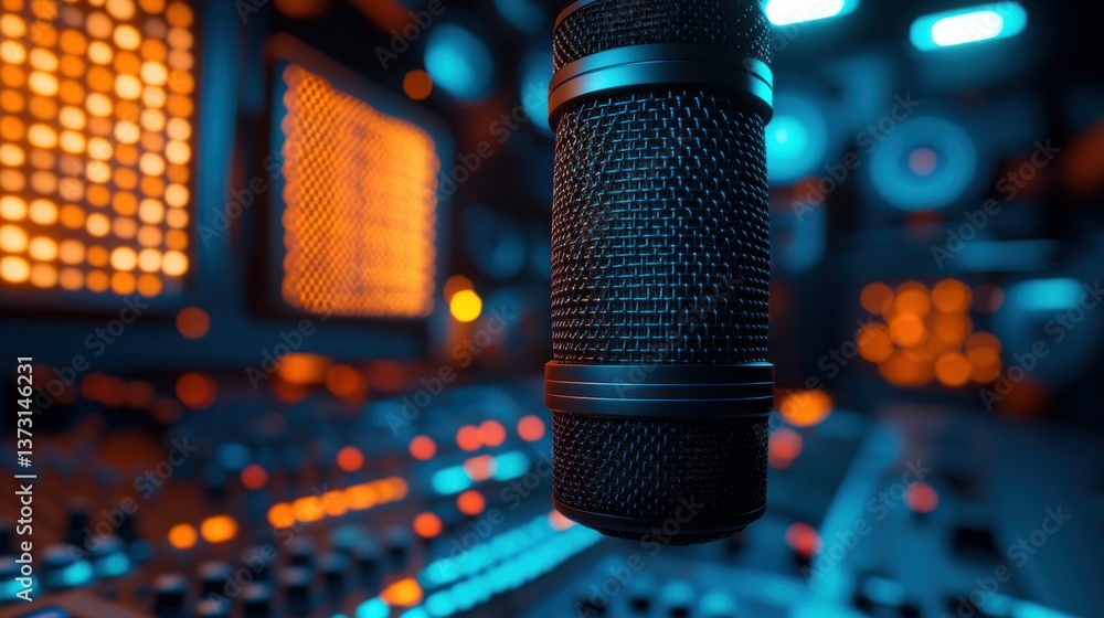 Poster professional recording studio microphone. close-up of a dynamic microphone in a broadcast or podcast
