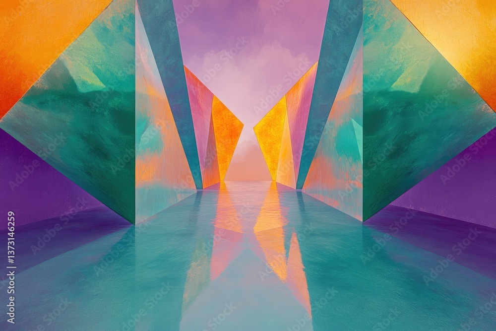 Poster Abstract corridor with vibrant triangular panels reflecting in water, creating a surreal perspective towards a distant light.