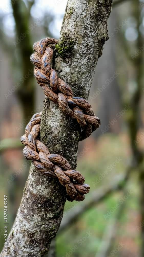 Poster brown rope intertwined around a tree trunk in a lush forest setting during autumn