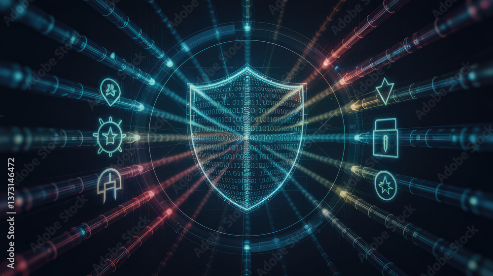 Poster digital shield: a digital shield illuminates with data streams, symbolizing cybersecurity and protec