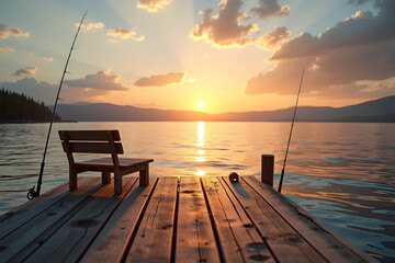 Serene fishing spot at dawn, featuring wooden pier, fishing rods, and a bench overlooking the tranquil lake, bathed in warm light and hues of sunrise or sunset