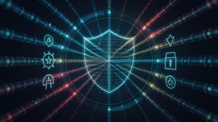 Obraz premium Digital Shield: A digital shield illuminates with data streams, symbolizing cybersecurity and protection in the digital age.