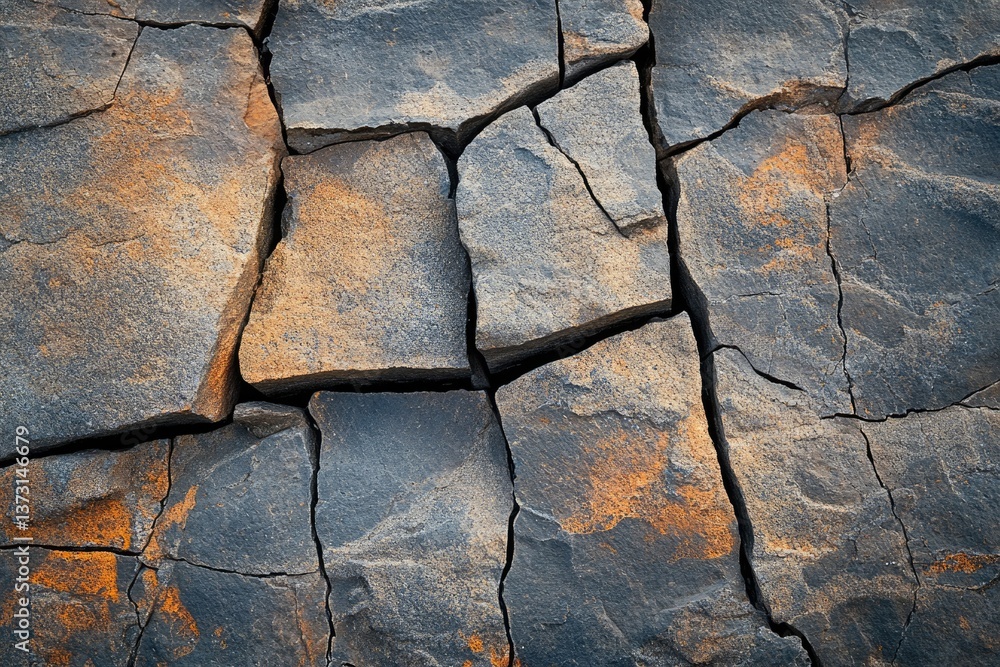 Poster a close-up captures the stark beauty of cracked, textured rocks with hints of orange oxidation, show