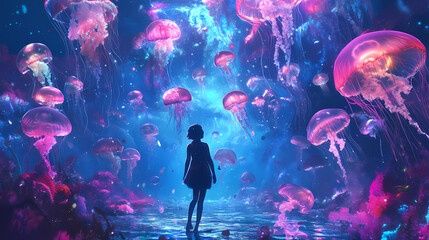 A captivating underwater scene featuring a serene figure among colorful jellyfish in an enchanting ocean. Translucent Echo. Illustration