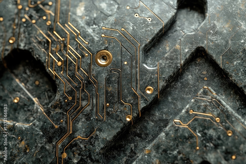 Fototapete Close-up shot of a computer motherboard with metallic gold circuits embedded in a textured, gray stone-like material, creating a futuristic and technological design.