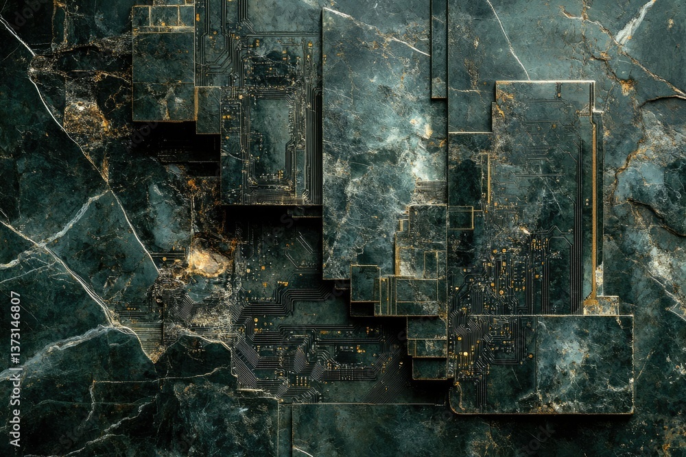 Aufkleber A mesmerizing blend of circuit board patterns embedded within fractured, veined marble, creating a digital and natural harmony in dark tones.