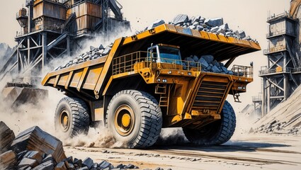 Large yellow truck carries rocks. Quarry background with heavy machinery and dust. Ink style illustration.
