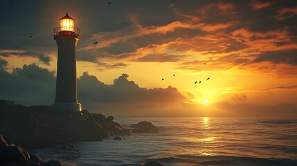 Glowing lighthouse standing tall over ocean waves and dramatic clouds picture