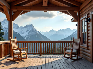 Serene mountain cabin porch with rocking chairs offering a tranquil view of snow-capped peaks and forested valleys, fostering relaxation and escape