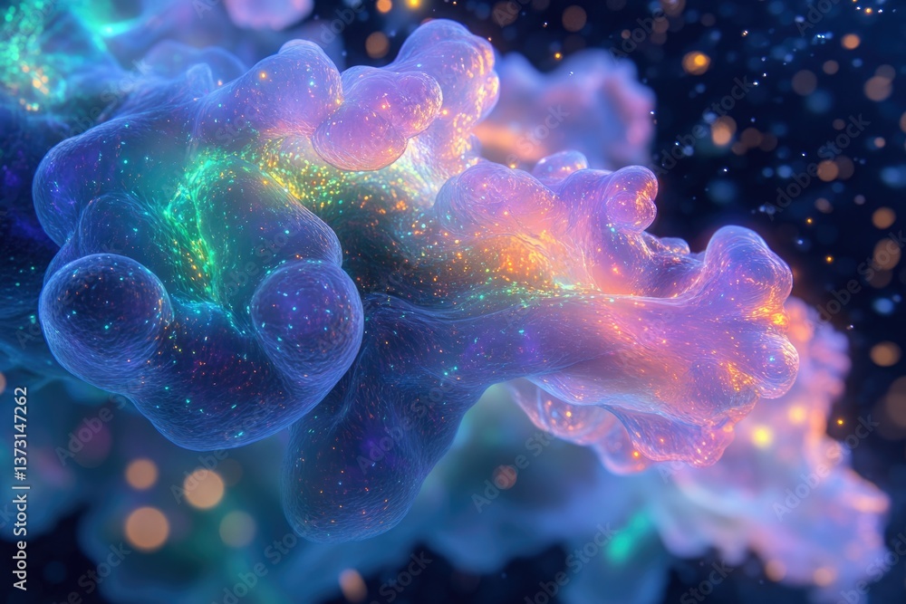 Poster abstract organic form with a smooth, glowing texture and vibrant hues, accented by sparkling particl
