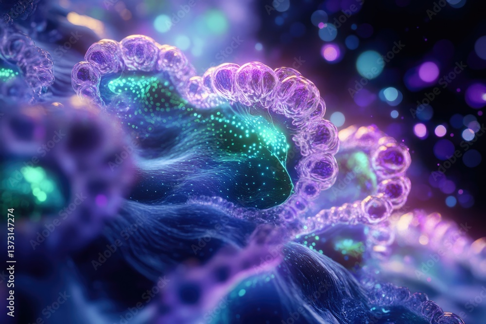 Poster a microscopic view of cells with glowing dots and intricate blue, purple, and green structures resem