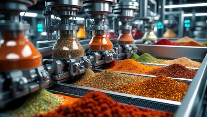 Spices Production Plant. Gray industrial robotic system distributing colorful spices into trays. Green, orange, brown, red spices filling containers.