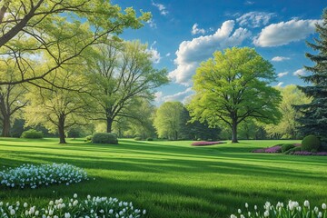 Obraz premium Stunning Spring Landscape Featuring Vibrant Green Grass Flourishing Trees and Clear Blue Sky